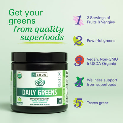 ZHOU Nutrition USDA Organic Supergreens Powder – 30 Servings