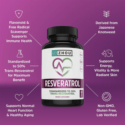 ZHOU Resveratrol 1000mg | Heart Health & Antioxidant Support | 60 Veggie Caps