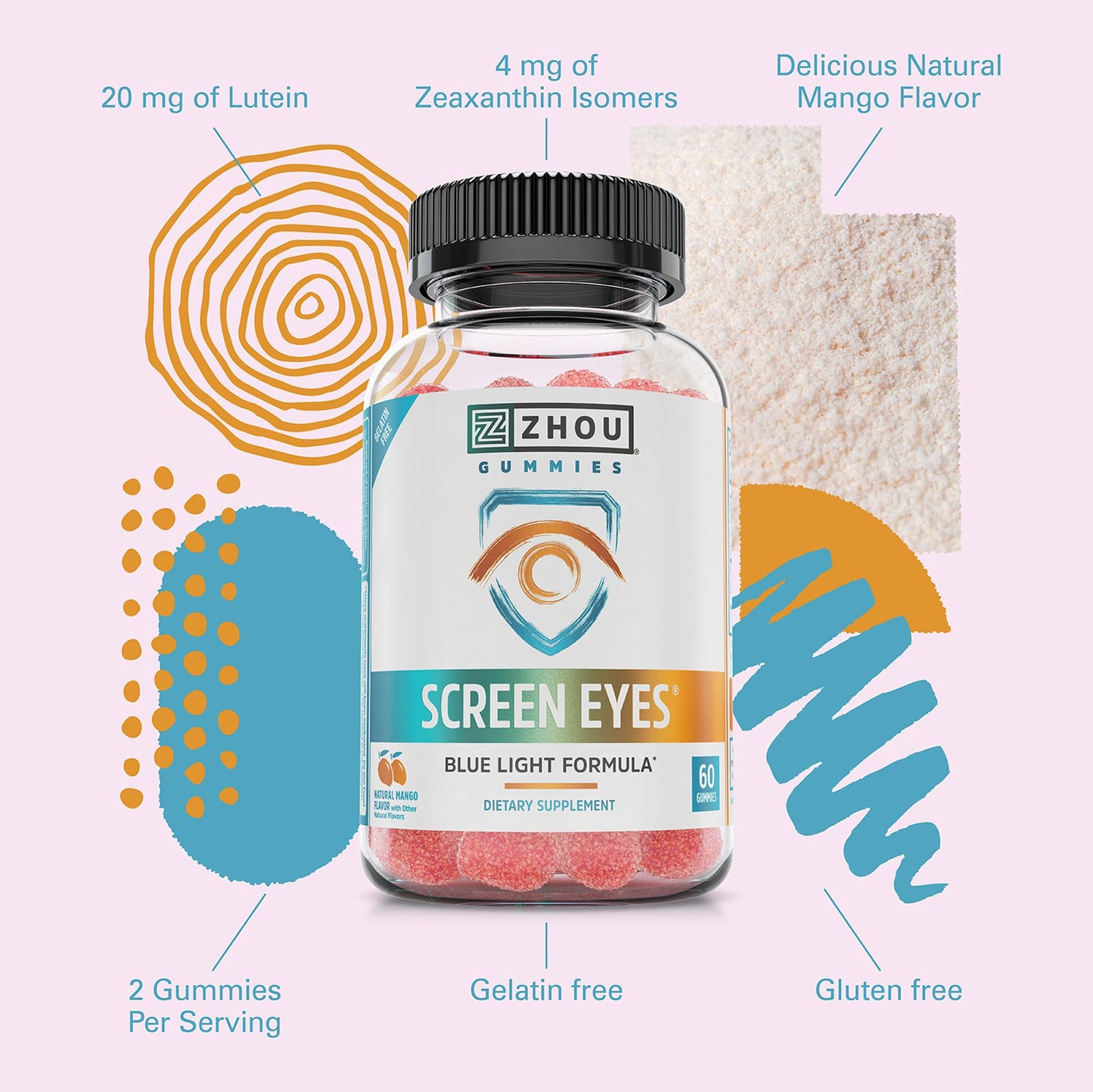 Zhou Screen Eyes Gummies - Lutein & Zeaxanthin for Eye Health, Blue Light Support, Adults & Kids, 60 Count