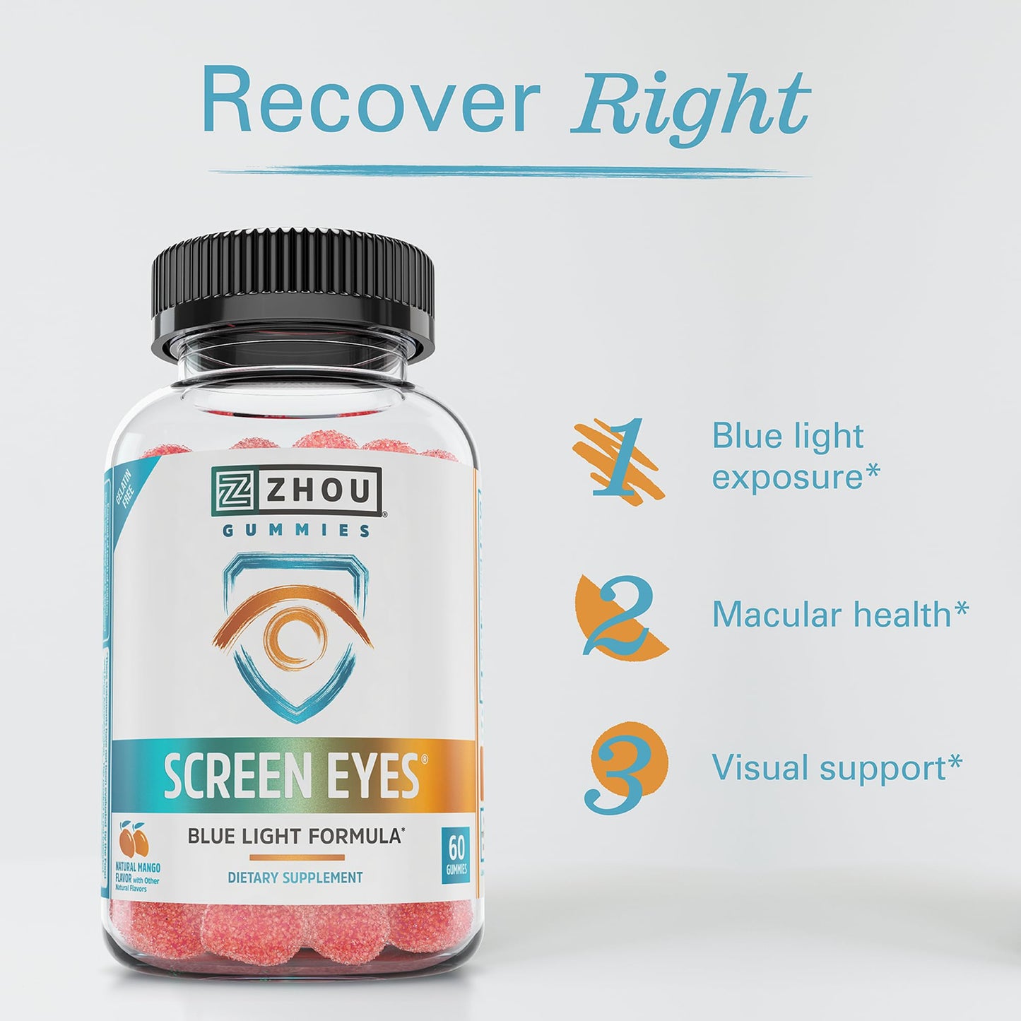 Zhou Screen Eyes Gummies - Lutein & Zeaxanthin for Eye Health, Blue Light Support, Adults & Kids, 60 Count