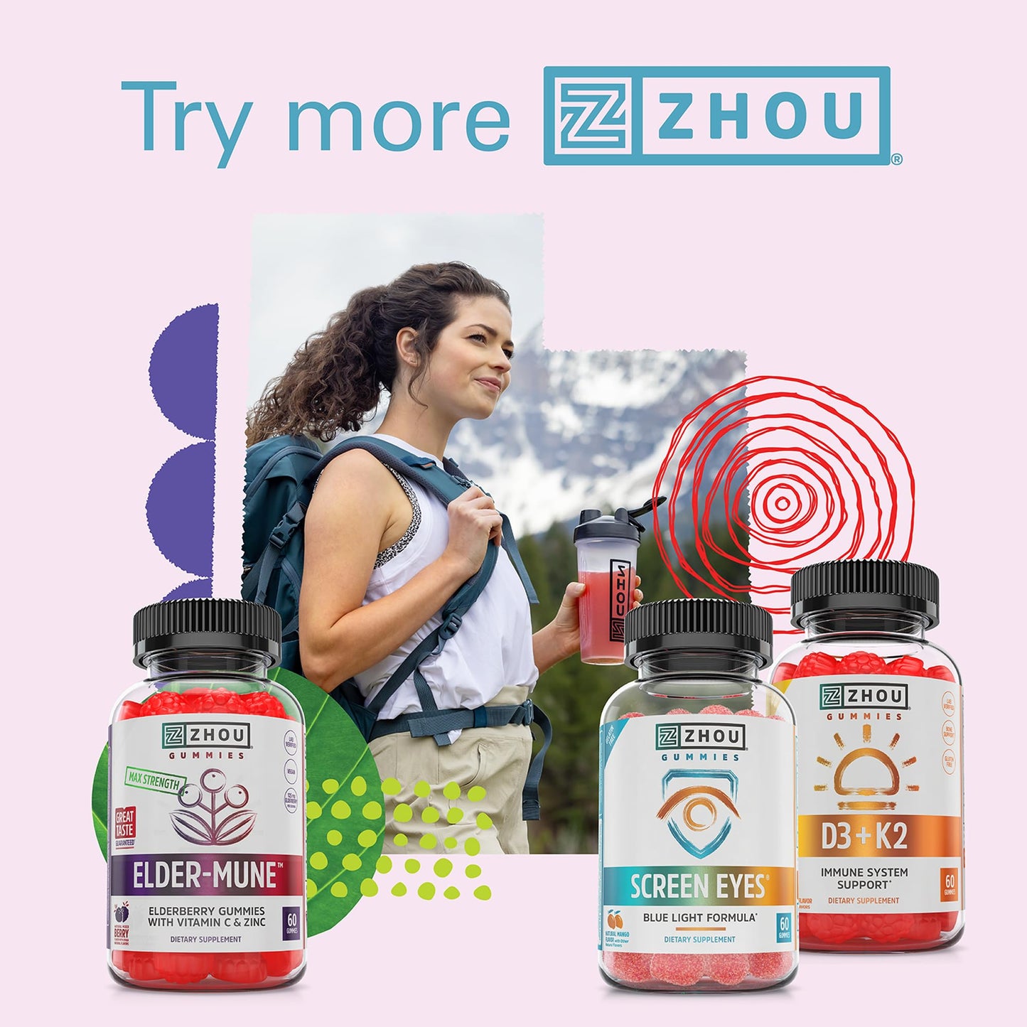 Zhou Screen Eyes Gummies - Lutein & Zeaxanthin for Eye Health, Blue Light Support, Adults & Kids, 60 Count