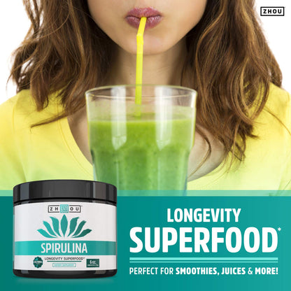 Zhou Spirulina Powder – Blue-Green Spirulina, Vegan Protein (6 oz, 48 Servings)