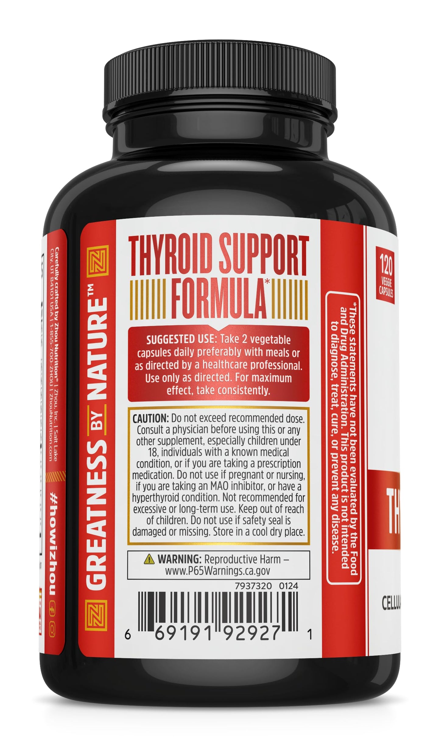 ZHOU Thyroid Support - Thyroid Supplement for Women & Men | Iodine, Selenium & Zinc | 120 Veggie Capsules