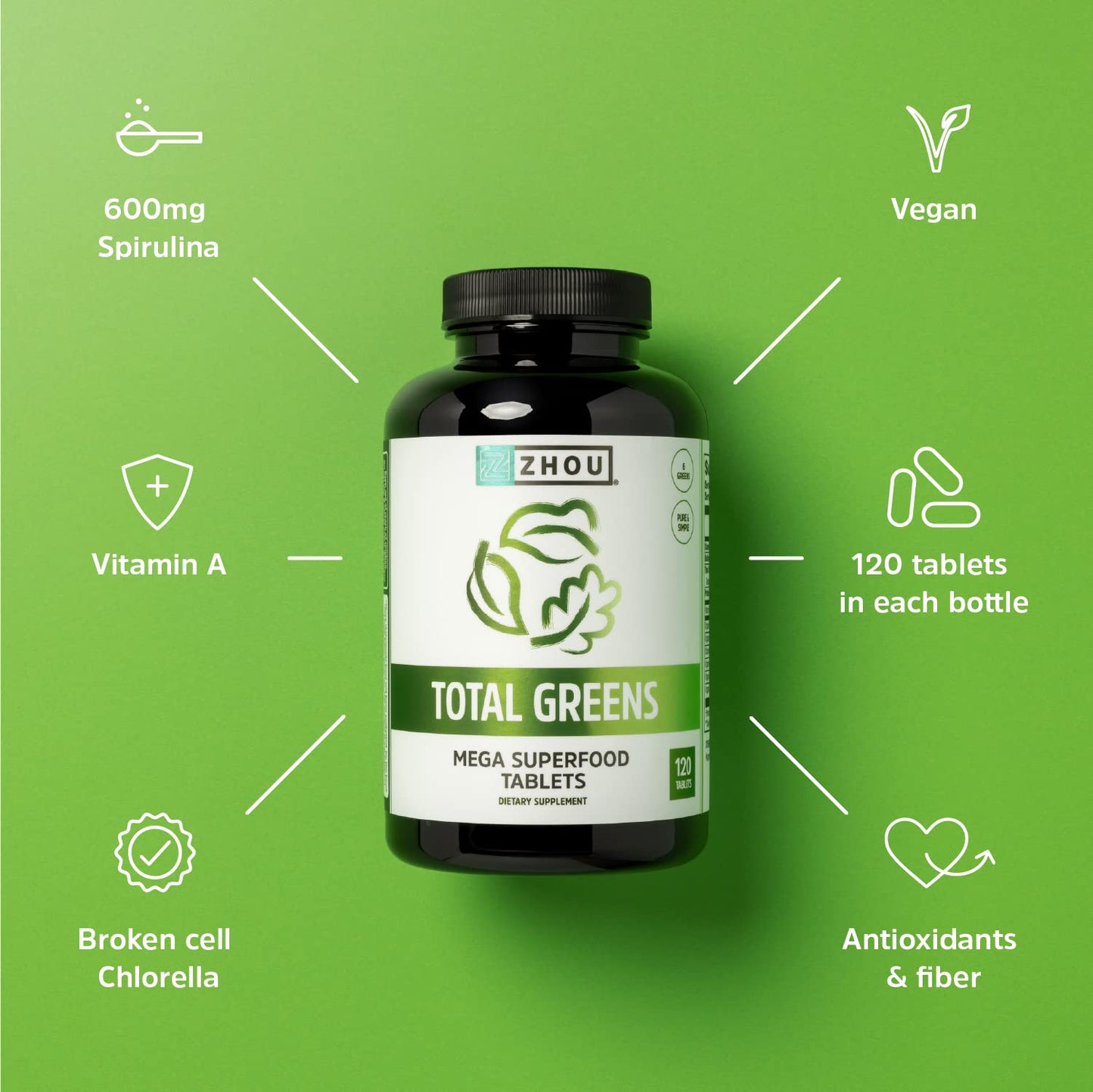 Zhou Total Greens - Super Greens Supplements, Daily Veggie Pills, 120 Tablets