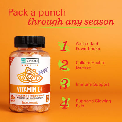 Zhou Vitamin C+ Gummies - Immune Support Vitamin C Gummies for Adults & Kids (270 mg per Gummy) - 60 Vegan Gummies