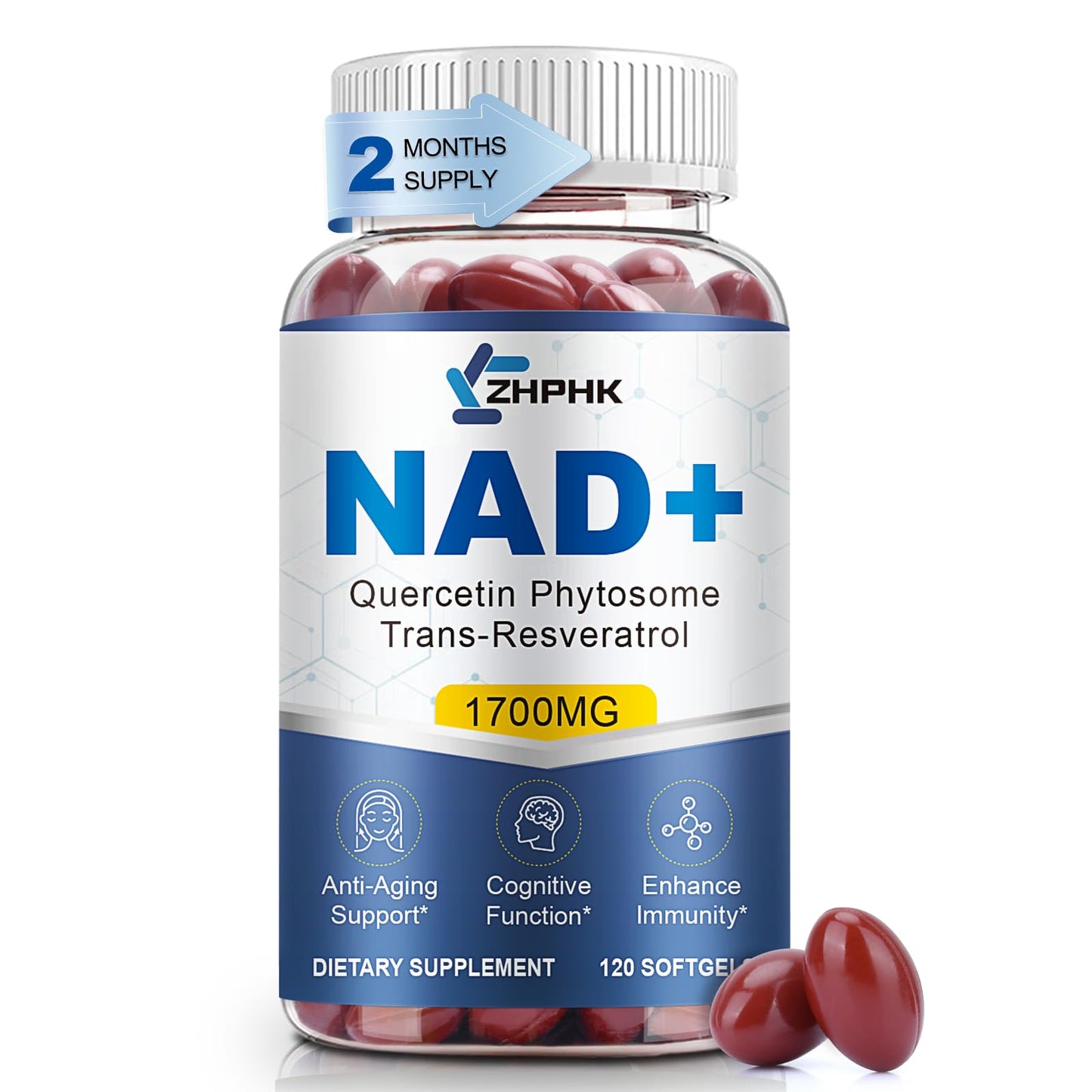 ZHPHK 1700mg NMN with Resveratrol, Nicotinamide Riboside Quercetin Phytosome & TMG – NAD Energy, Anti-Aging, 120 Count