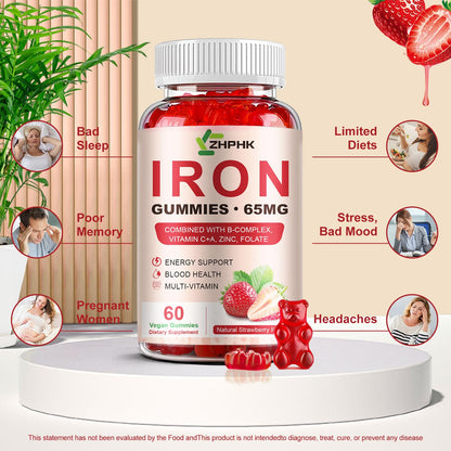 ZHPHK Iron Gummies – 65mg Iron, 250mg Vitamin C | 60 Vegan Gummies