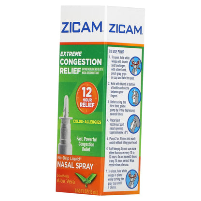 Zicam Extreme Congestion Relief Nasal Spray – 12-Hour No-Drip Aloe Vera (0.50 fl oz, Pack of 4)