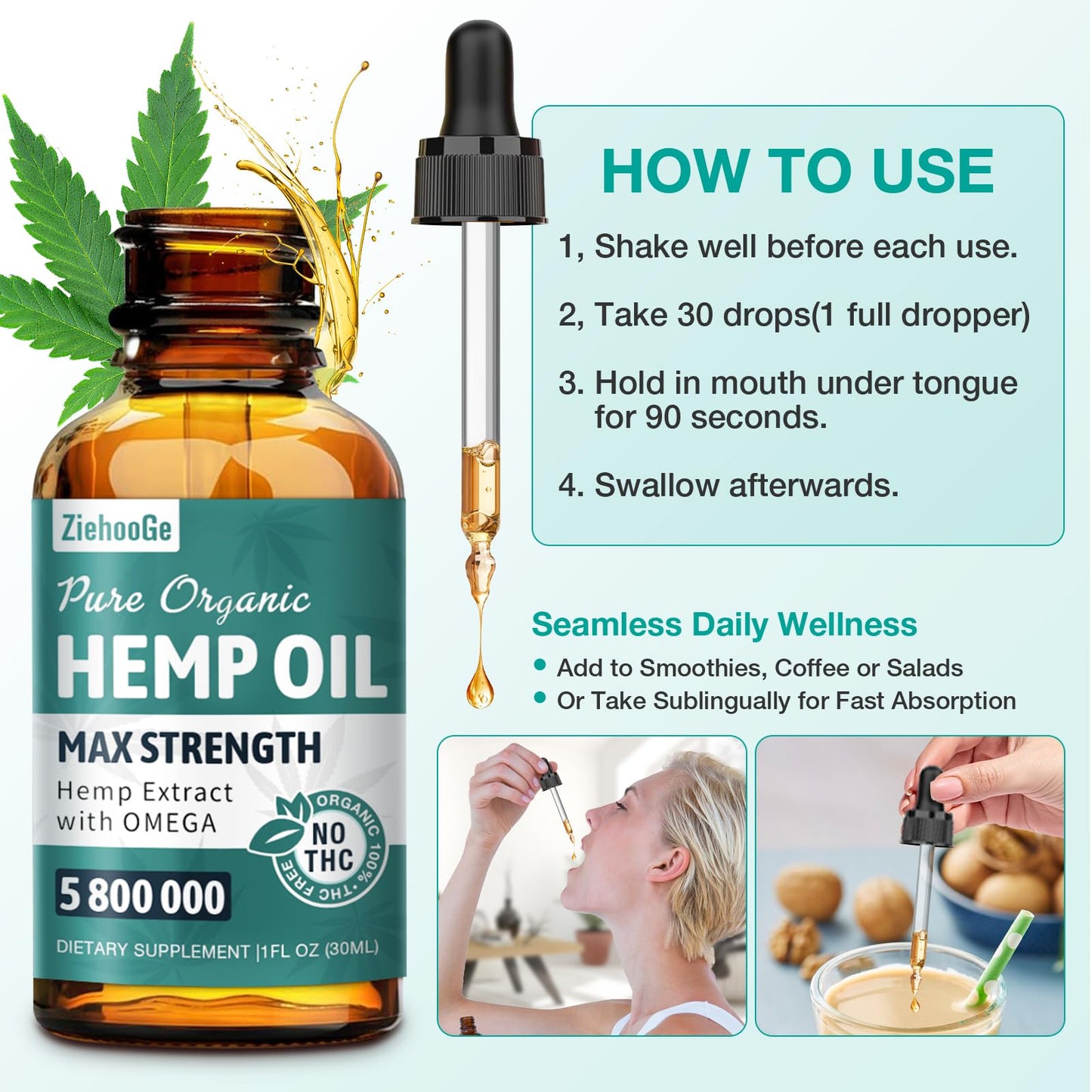 ZiehooGe Hemp Oil Organic Extract - Maximum Strength 2-Pack | 100% Natural Drops