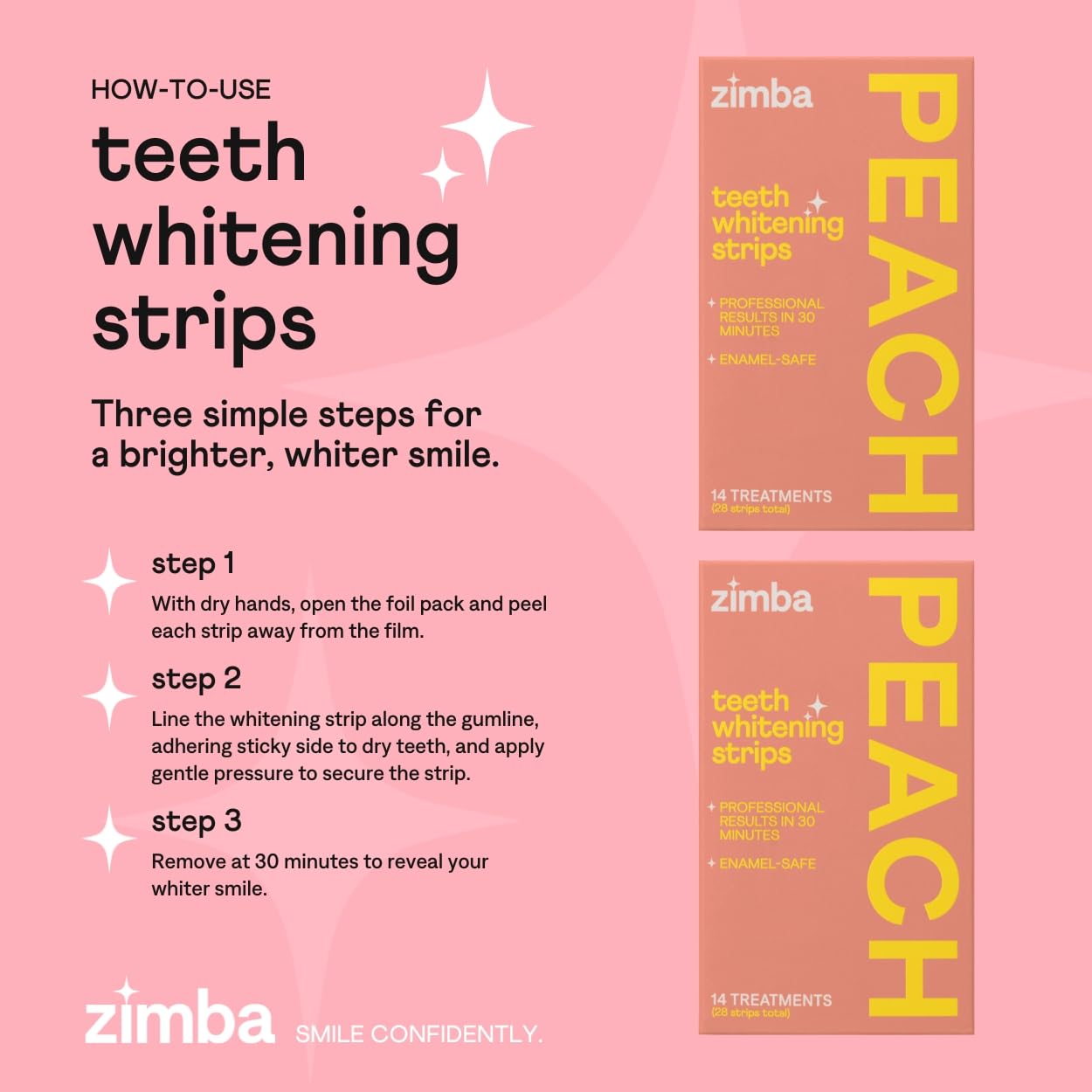 Zimba Peach Teeth Whitening Strips – Vegan, Enamel Safe, 28 Strips (14 Day Treatment)