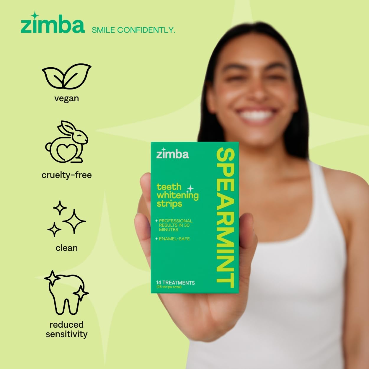 Zimba Spearmint Teeth Whitening Strips | Vegan, Enamel Safe Hydrogen Peroxide Teeth Whitener for Coffee, Wine, Tobacco, and Other Stains | 14 Day Treatment | Spearmint