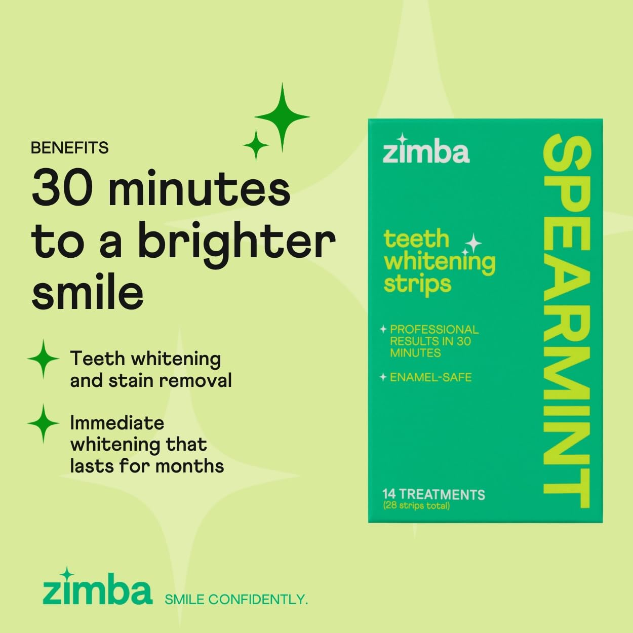 Zimba Spearmint Teeth Whitening Strips | Vegan, Enamel Safe Hydrogen Peroxide Teeth Whitener for Coffee, Wine, Tobacco, and Other Stains | 14 Day Treatment | Spearmint