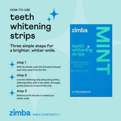 Zimba Teeth Whitening Strips - Vegan, Enamel Safe, Mint, 28 Strips