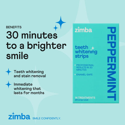 Zimba Peppermint Teeth Whitening Strips – Vegan, Enamel Safe, 14-Day Treatment