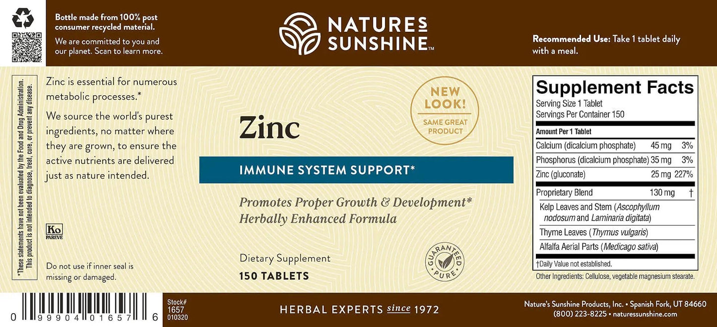 Nature's Sunshine Zinc 25mg, 150 Tablets | Immune Support with 167% DV Zinc