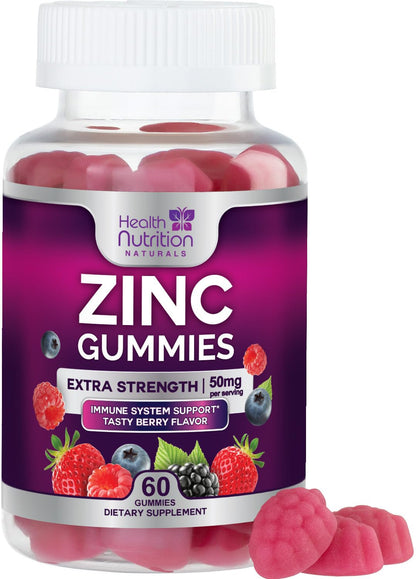 Zinc 50mg Gummies - Max Strength for Immune & Skin Health | Vegan, Non-GMO, Gluten Free | 60 Gummies