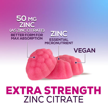 Zinc 50mg Gummies - Max Strength for Immune & Skin Health | Vegan, Non-GMO, Gluten Free | 60 Gummies