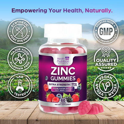 Zinc 50mg Gummies - Max Strength for Immune & Skin Health | Vegan, Non-GMO, Gluten Free | 60 Gummies