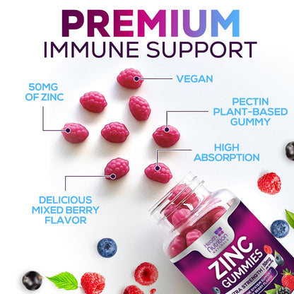Zinc 50mg Gummies - Max Strength for Immune & Skin Health | Vegan, Non-GMO, Gluten Free | 60 Gummies