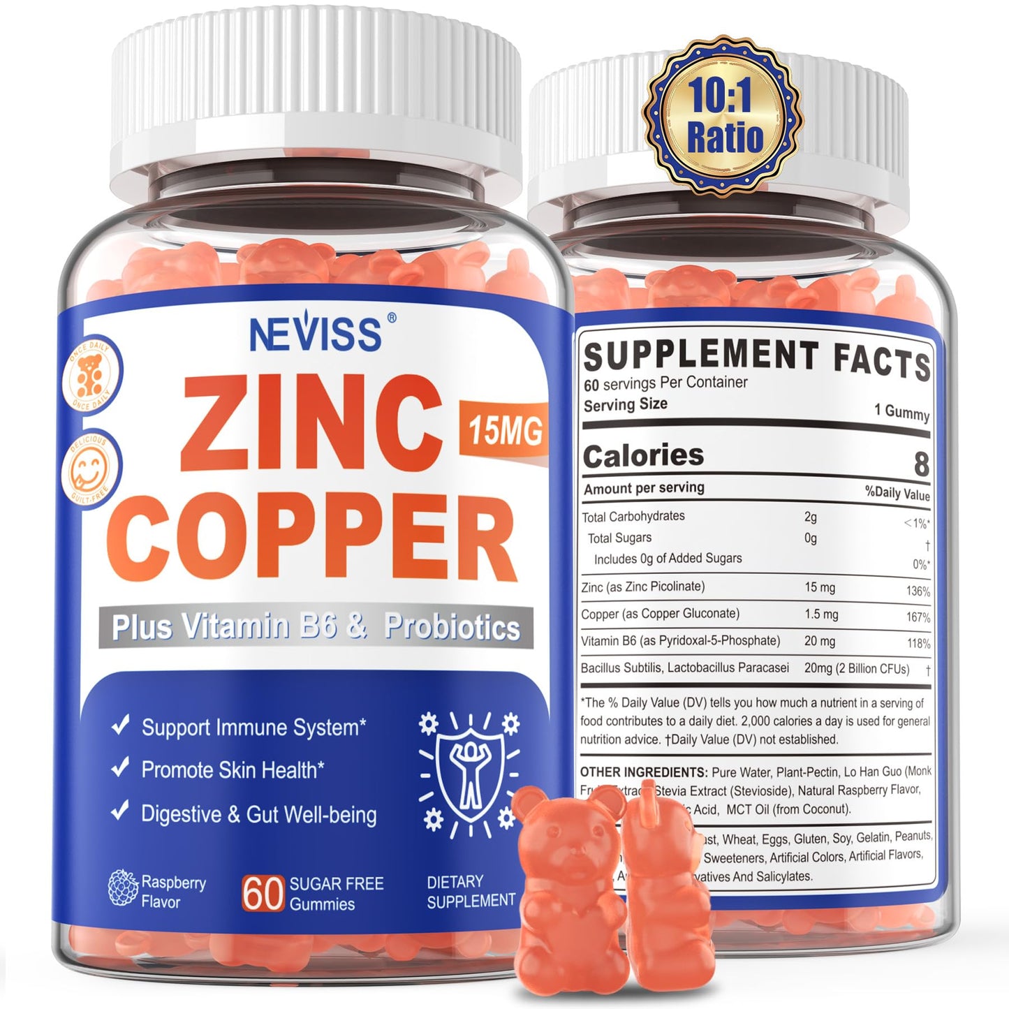 Zinc Gummies with Copper + Probiotics, Vitamin B6 for Max Absorption – Vegan, Non-GMO, 60 Cts