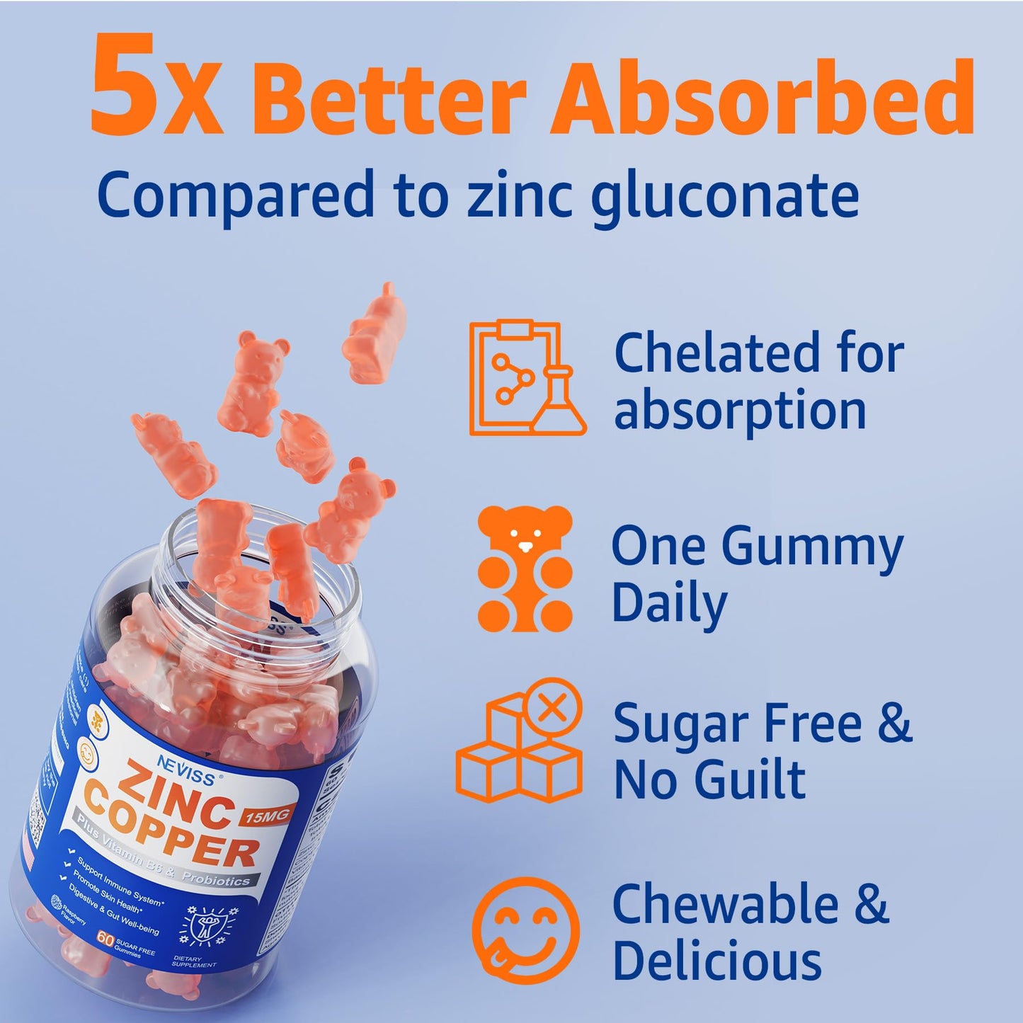 Zinc Gummies with Copper + Probiotics, Vitamin B6 for Max Absorption – Vegan, Non-GMO, 60 Cts