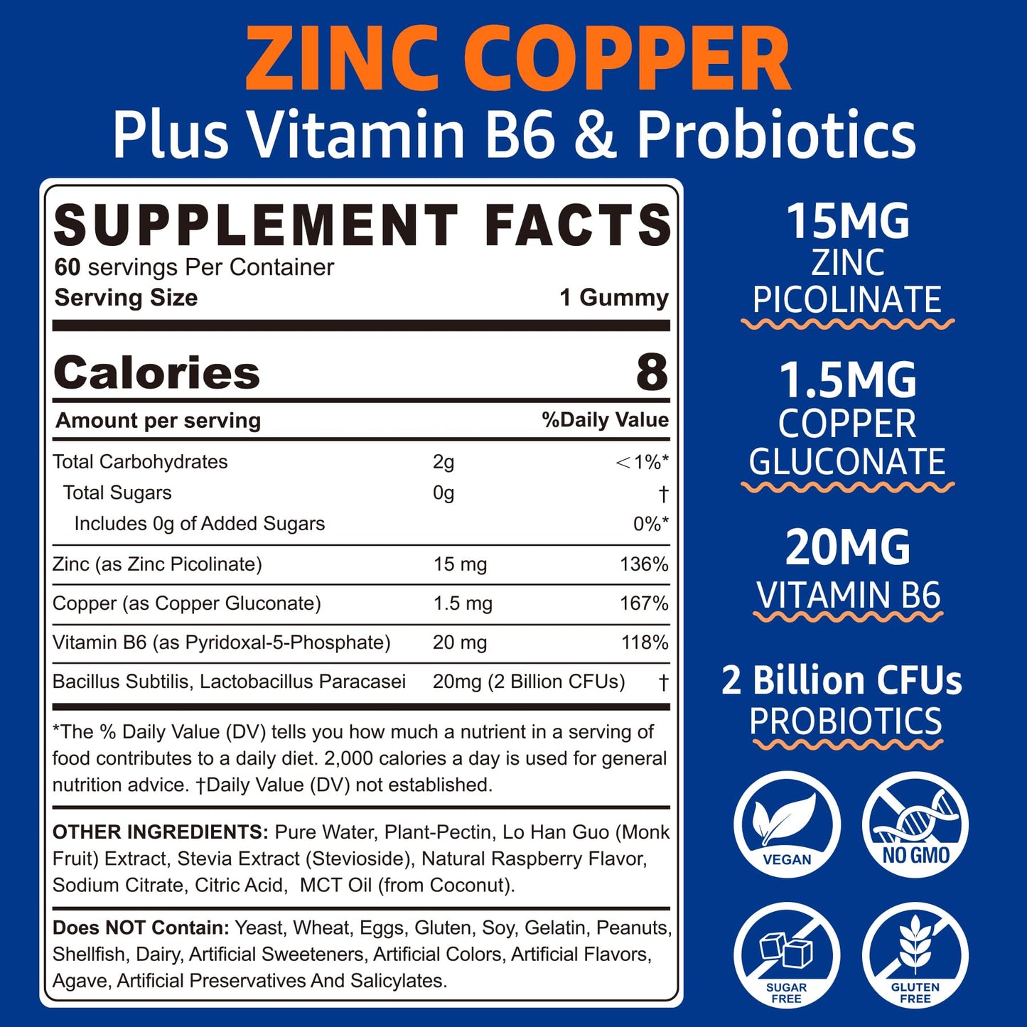 Zinc Gummies with Copper + Probiotics, Vitamin B6 for Max Absorption – Vegan, Non-GMO, 60 Cts