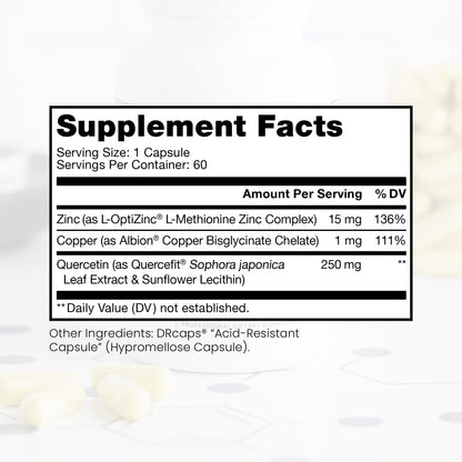 Zinc Defense: Zinc + Copper + Quercetin (60 Servings) - Vegan Capsules | L-OptiZinc & Quercefit
