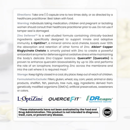 Zinc Defense: Zinc + Copper + Quercetin (60 Servings) - Vegan Capsules | L-OptiZinc & Quercefit