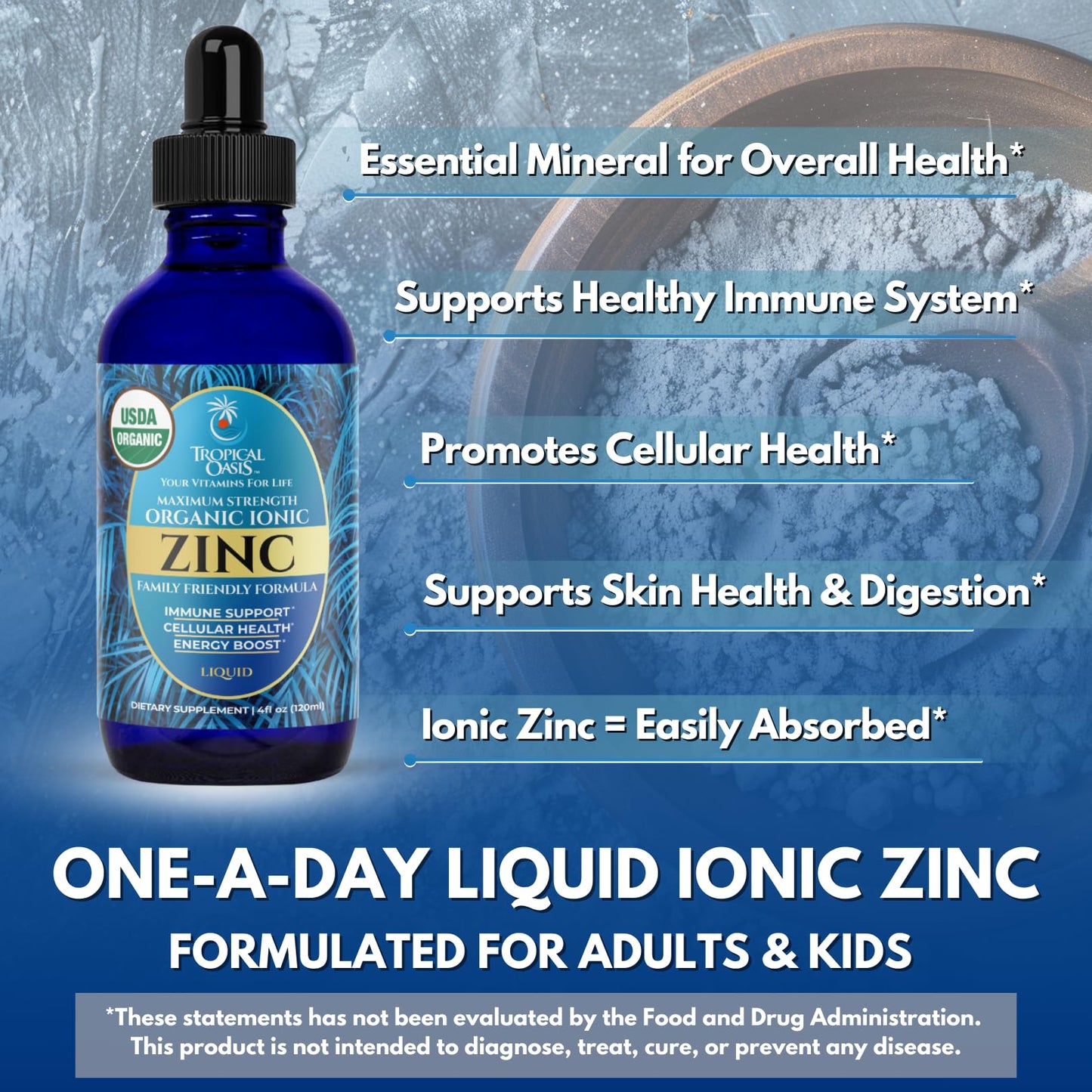 USDA Organic Ionic Zinc Drops for Men, Women & Kids | Immune Support & Skin Health | 98% Absorption | 4 Fl Oz