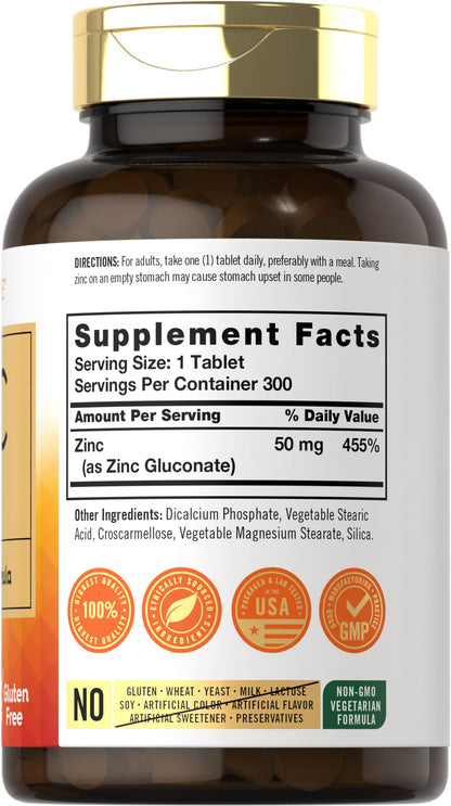 Carlyle Zinc 50mg – 300 Tablets | Vegetarian, Non-GMO, Gluten Free | Zinc Gluconate | High Potency