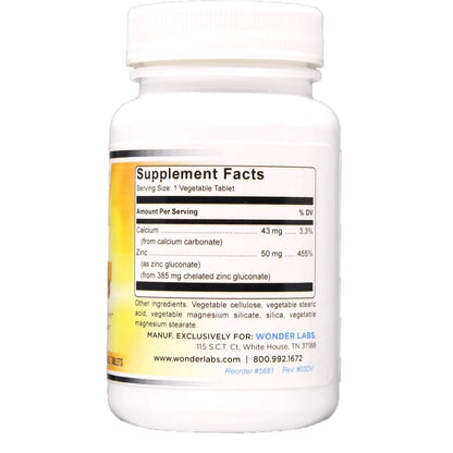 Wonder Laboratories Chelated Zinc Gluconate 50 mg - Immune Support & Cell Growth | 100 Vegetarian Tablets