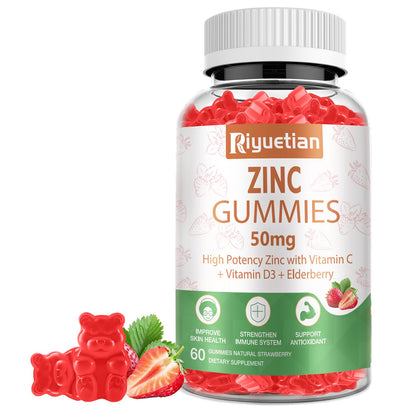 Zinc Gummies 50mg High Potency with Vitamin C, D3 & Elderberry – Immune Support (Vegan, Non-GMO, Gluten Free) – 60 Gummies