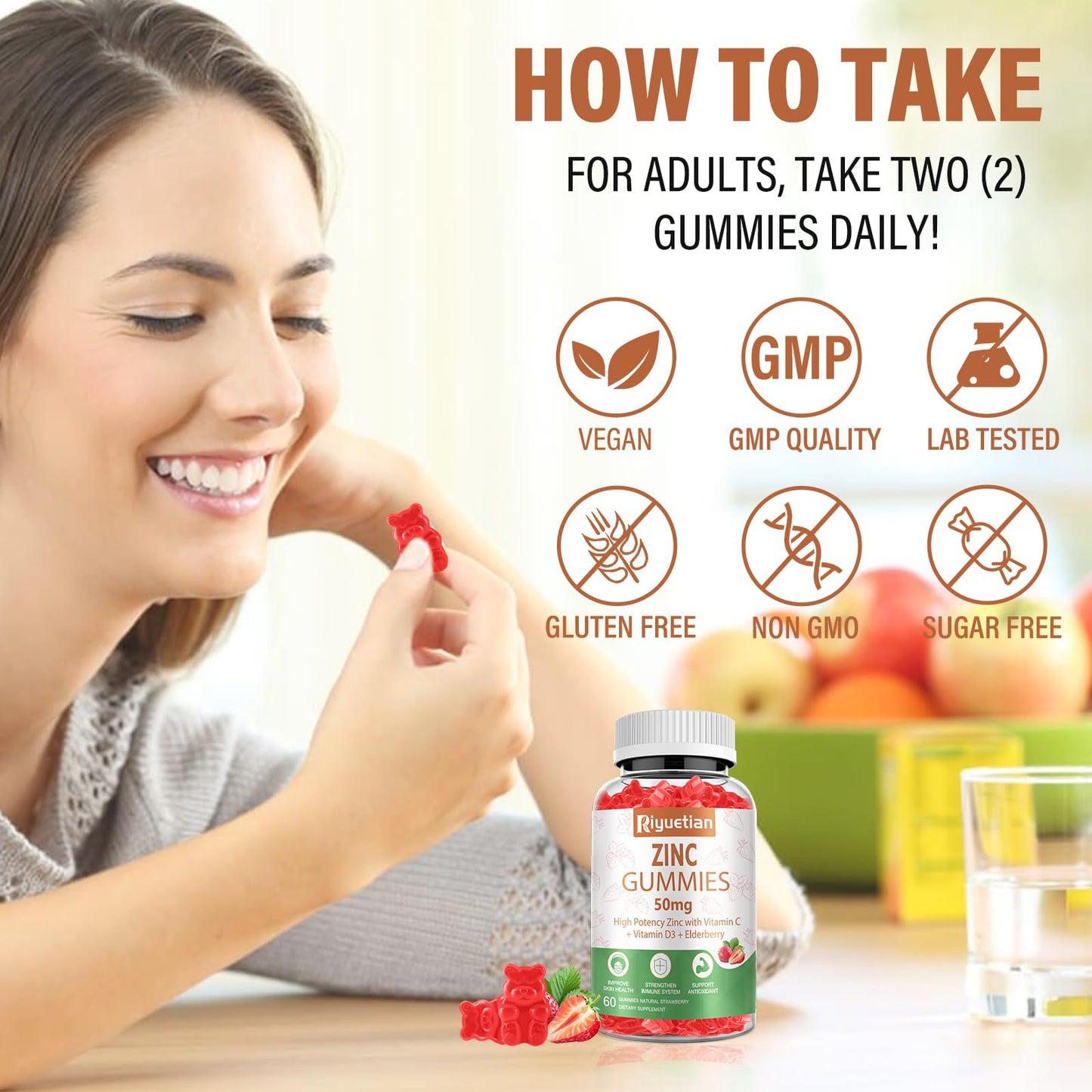Zinc Gummies 50mg High Potency with Vitamin C, D3 & Elderberry – Immune Support (Vegan, Non-GMO, Gluten Free) – 60 Gummies