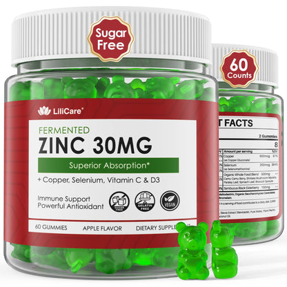 Zinc Gummies with Copper, Selenium, C & D3 + Elderberry - Fermented, Sugar-Free, 60 Ct