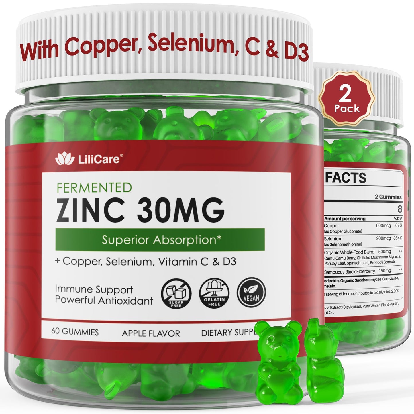 Zinc Gummies with Copper, Selenium, Vitamin C & D3 + Elderberry – Fermented Zinc (2 Pack) – Vegan, Sugar Free