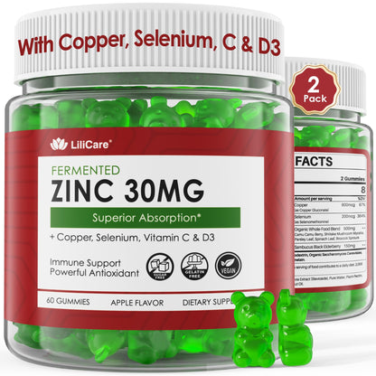 Zinc Gummies with Copper, Selenium, Vitamin C & D3 + Elderberry – Fermented Zinc (2 Pack) – Vegan, Sugar Free