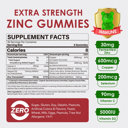 Zinc Gummies with Copper, Selenium, C & D3 + Elderberry - Fermented, Sugar-Free, 60 Ct
