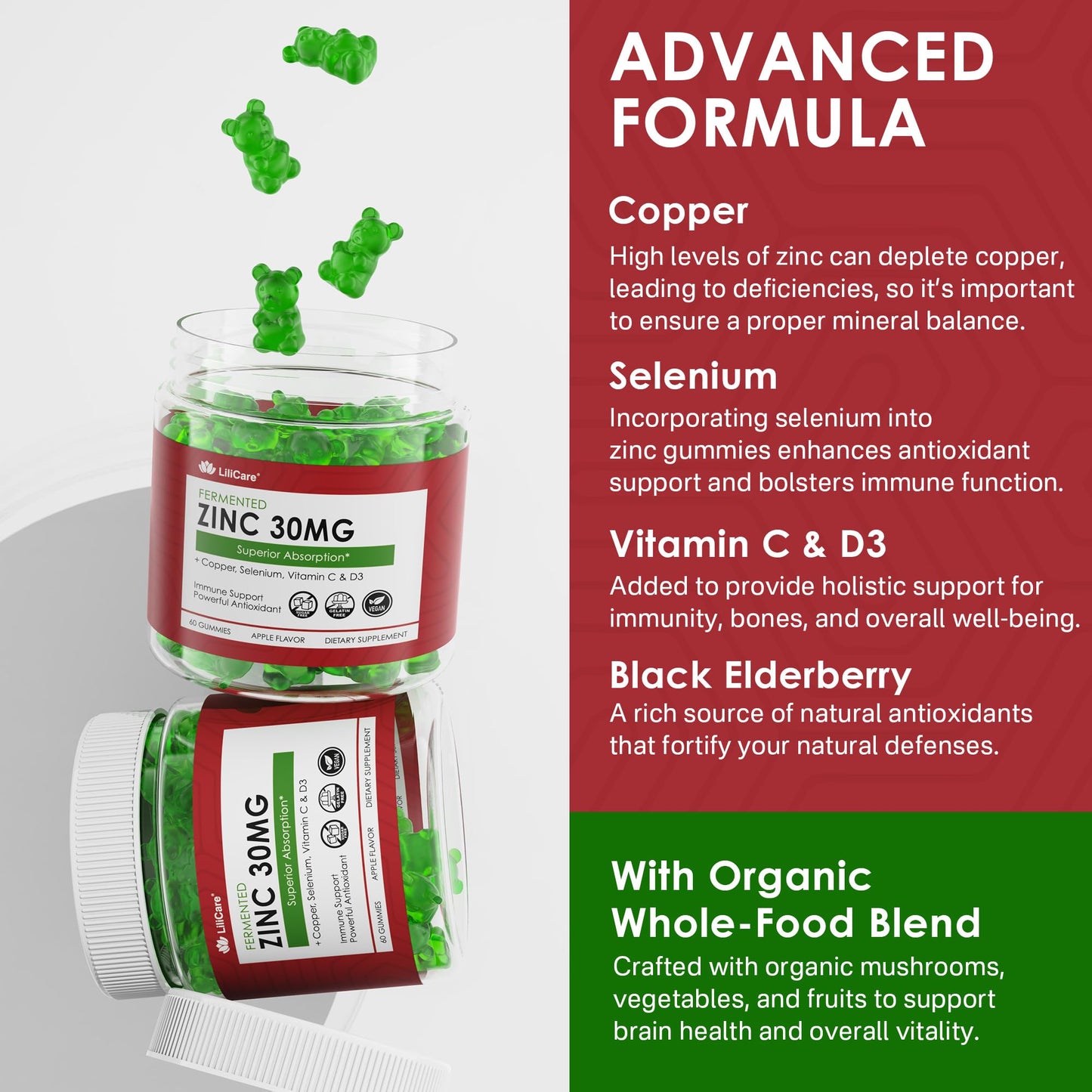 Zinc Gummies with Copper, Selenium, C & D3 + Elderberry - Fermented, Sugar-Free, 60 Ct