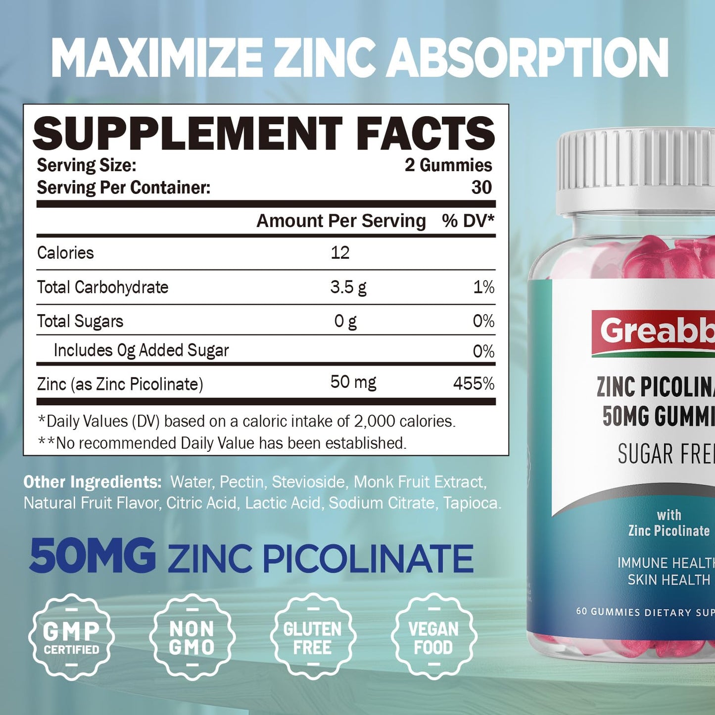 Zinc Gummies Picolinate 50mg – Sugar Free, Immune & Skin Health (60 Gummies)