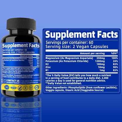 Potassium Magnesium Supplement 1600mg Liposomal Magnesium Aspartate + Zinc, K2, B1 – 120 Veg Capsules