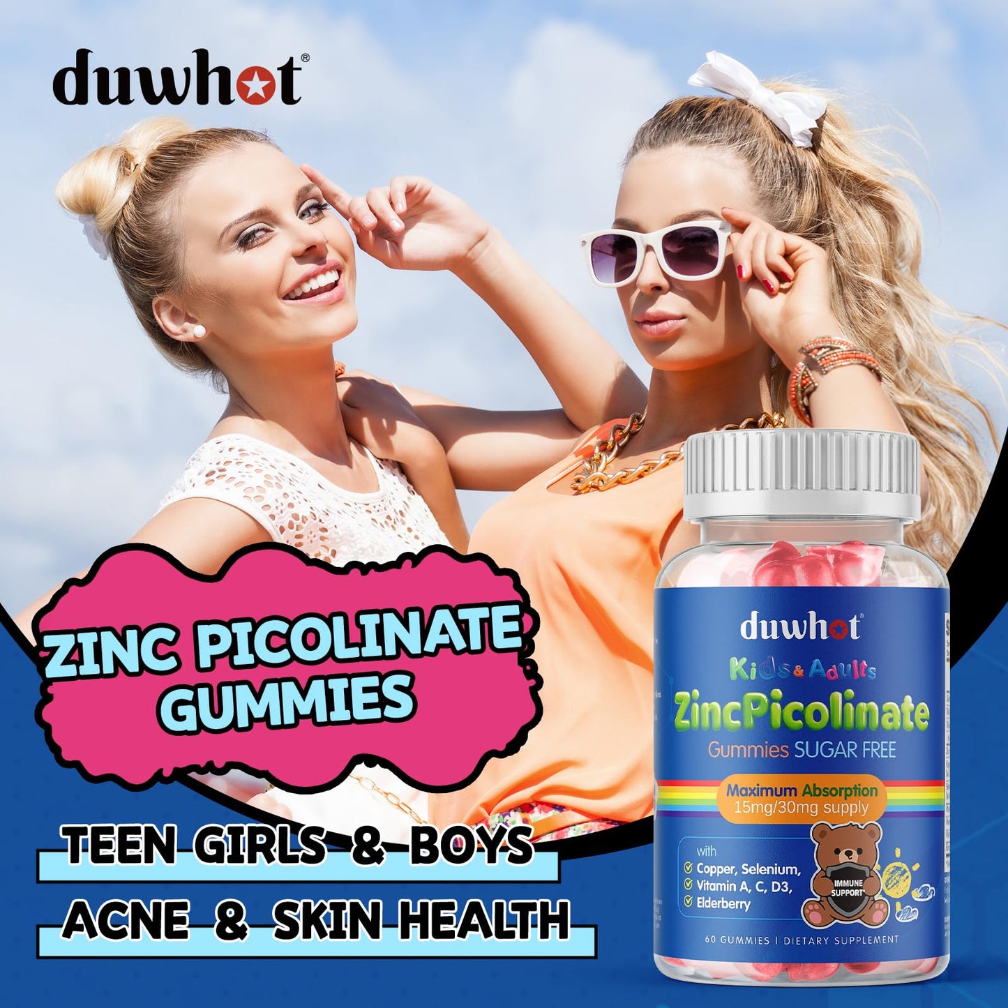 Zinc for Kids Gummies 30mg Picolinate with Copper & Selenium – Immune Support, Growth & Skin (60 Gummies) – Sugar Free