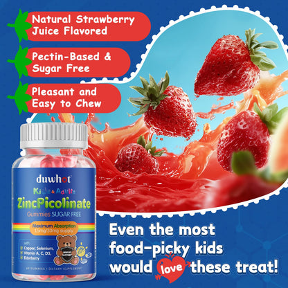 Zinc for Kids Gummies 30mg Picolinate with Copper & Selenium – Immune Support, Growth & Skin (60 Gummies) – Sugar Free