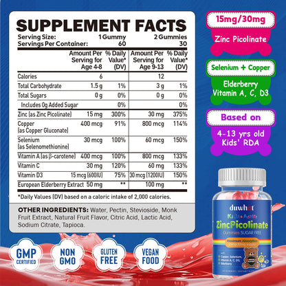 Zinc for Kids Gummies 30mg Picolinate with Copper & Selenium – Immune Support, Growth & Skin (60 Gummies) – Sugar Free