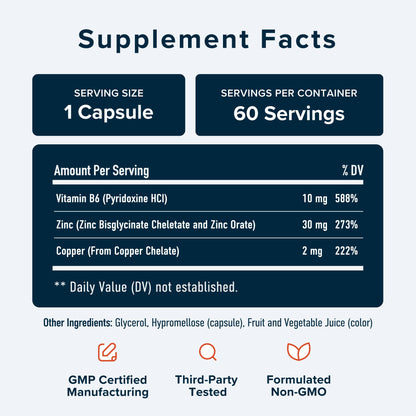 Zinc Supplement Microbeadlets for Immune & Acne Support | Highly Absorbable Zinc Bisglycinate & Orotate with 2mg Chelated Copper + Vitamin B6 | Vegan, Gluten-Free | 60 Capsules (2 Month Supply)