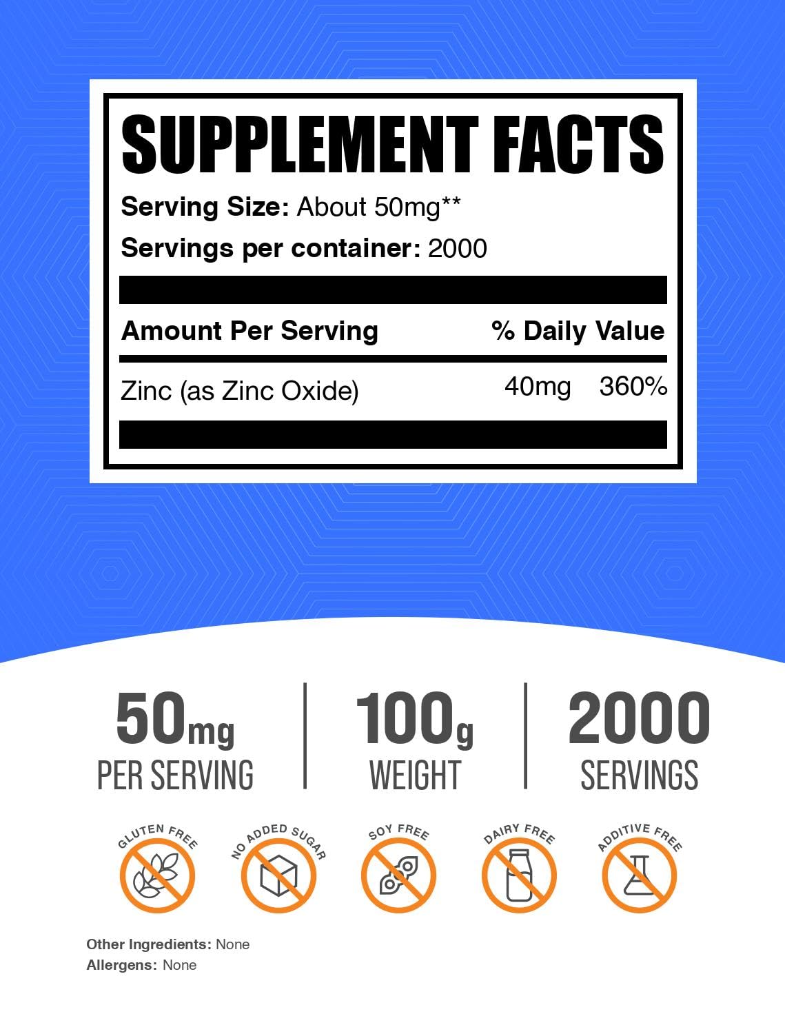 Zinc Oxide Powder – 50 mg Zinc per Serving | Immune Support | Gluten Free | 100 g Pack of 2