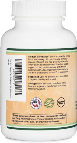 Zinc Picolinate 50mg - 300 Caps | Immune Support | Non-GMO, Gluten Free