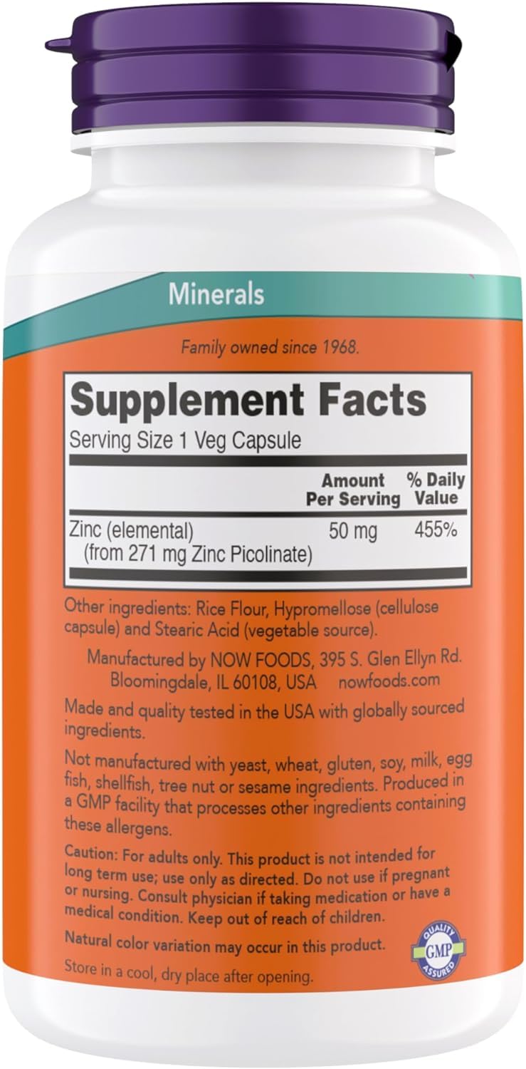 NOW Zinc Picolinate 50 mg – Immune Support, Enzyme Function, 240 Veg Capsules (Non-GMO, Kosher, Vegan)