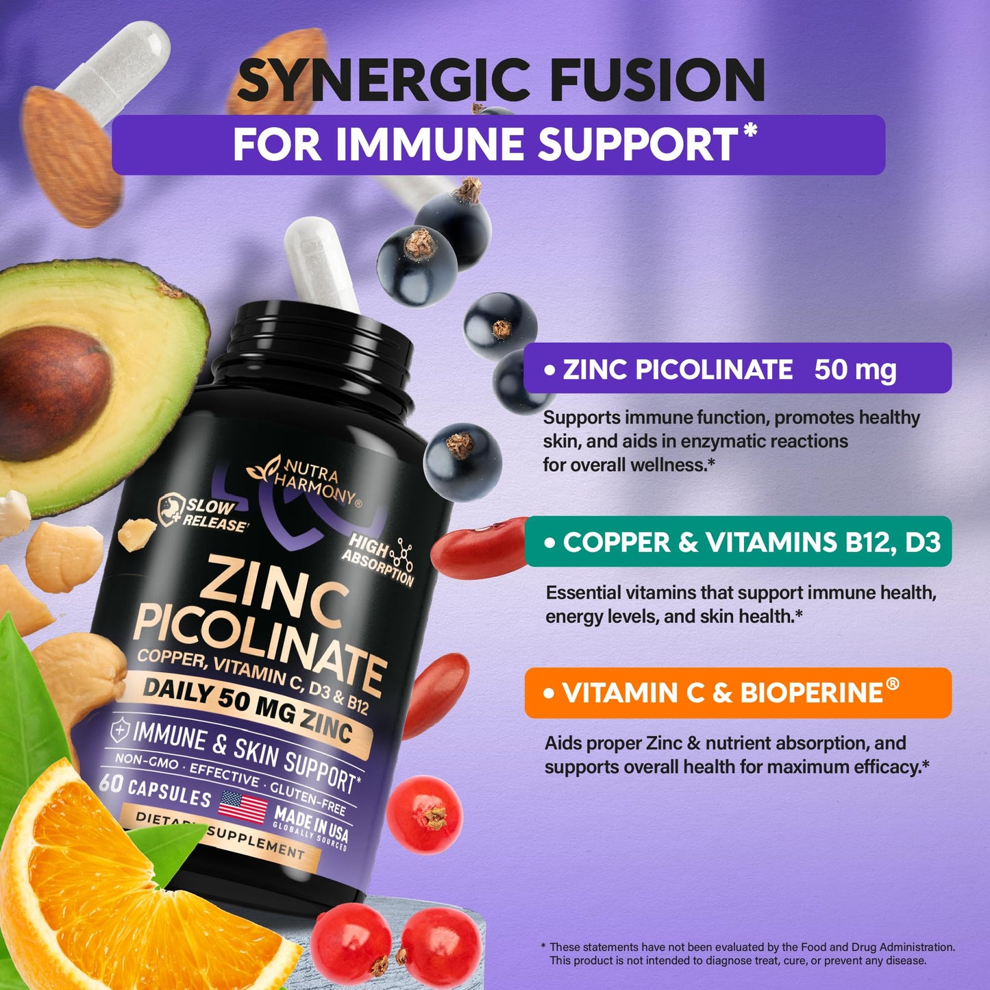 Zinc Picolinate 50mg - Immune Support, Skin Health, Slow Release | 60 Capsules