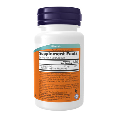 NOW Foods Zinc Picolinate 50 mg – Immune Support & Enzyme Function, 60 Veg Capsules