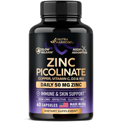 Zinc Picolinate 50mg - Immune Support, Skin Health, Slow Release | 60 Capsules